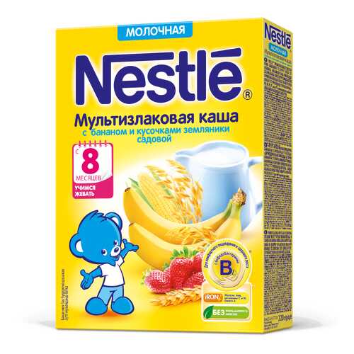 Каша молочная Nestle Мультизлаковая с бананом и кусочками земляники с 8 мес. 220 г в Детский мир